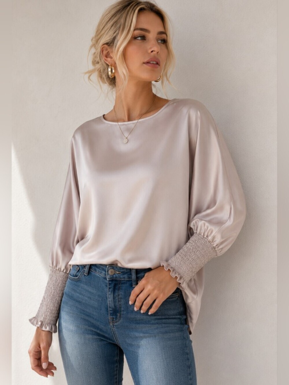 Pinkish Pearl Gray Satin Blouse with Ruffled & Smocked Cuffs